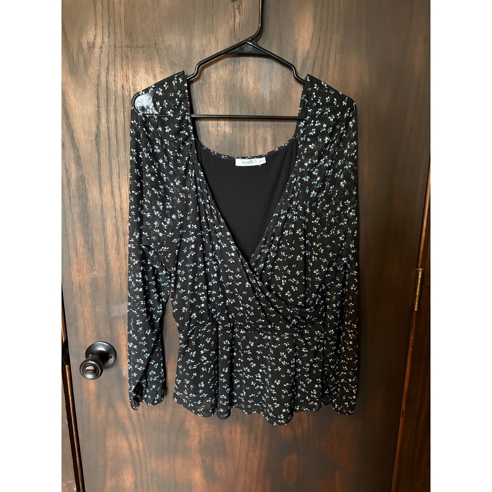 Rickis Womens XL Floral Mesh Wrap Top Long Sleeve Black Blue Surplice Blouse